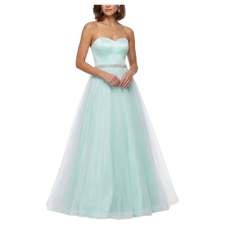 Betsey Johnson Strapless Satin And Tulle Beaded Long Ball Gown Blue Size 4 Dress